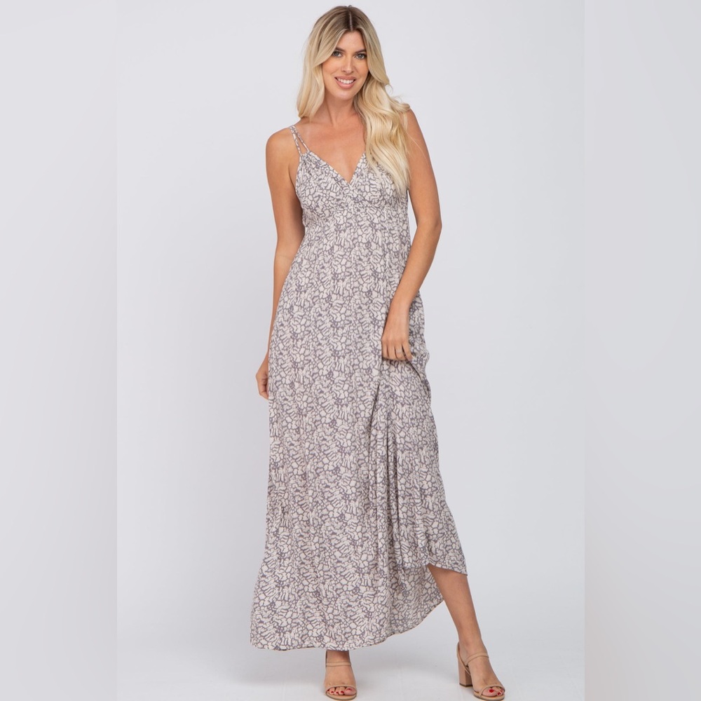 Final Touch Printed V Neck Gauze Maxi Dress Size Small Grey Blue Sleeveless